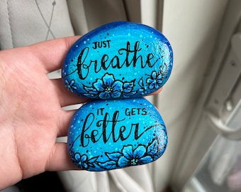 Hand Painted Rocks, Set of 2, Inspirational Floral Art