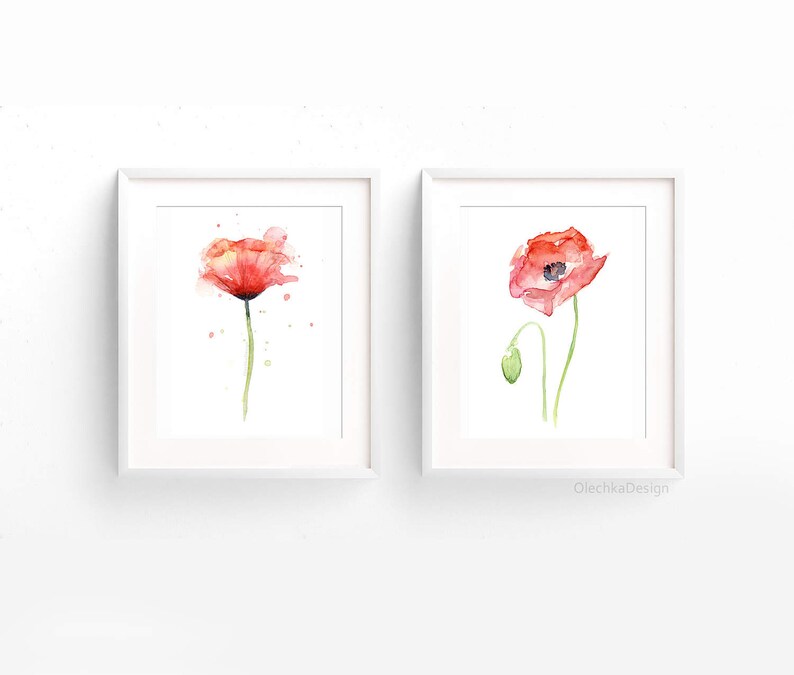 May include: Two watercolor paintings of red poppies. The first painting shows a single poppy with a green stem and leaves. The second painting shows a poppy with a bud and a green stem and leaves.