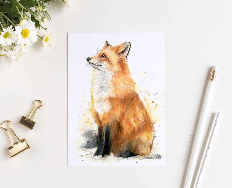 May include: Watercolor painting of a red fox sitting on a white background with brown watercolor splatters. The fox is looking up and has a bushy tail.
