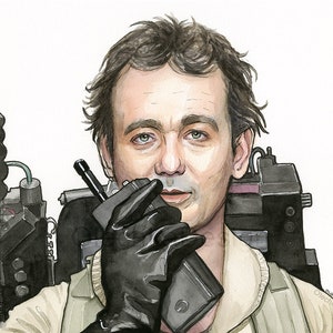 May include: A watercolor illustration of a man wearing a white jumpsuit and a black glove, holding a black walkie-talkie. He is wearing a black proton pack with a green hose and a silver nozzle. The background is white.