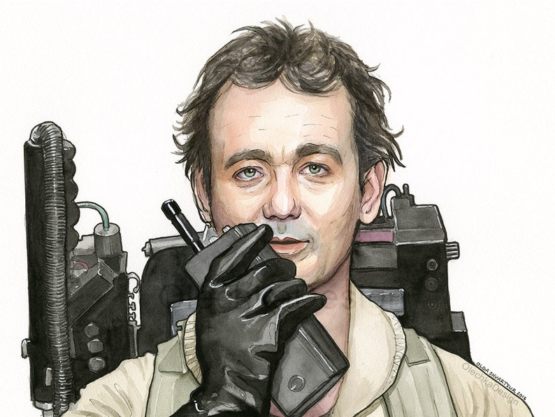 May include: A watercolor illustration of a man wearing a white jumpsuit and a black glove, holding a black walkie-talkie. He is wearing a black proton pack with a green hose and a silver nozzle. The background is white.