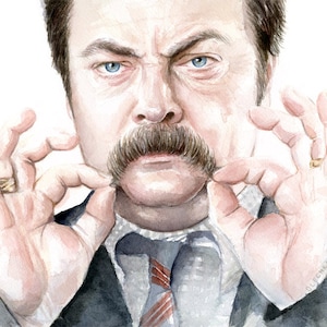 May include: A watercolor painting of a man with a mustache, wearing a suit and tie. He is holding his mustache with both hands, and his expression is serious.