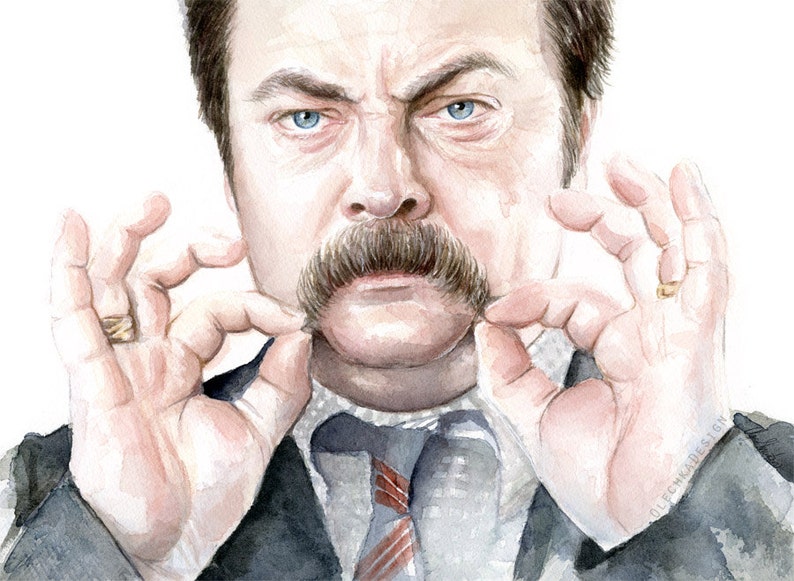 May include: A watercolor painting of a man with a mustache, wearing a suit and tie. He is holding his mustache with both hands, and his expression is serious.