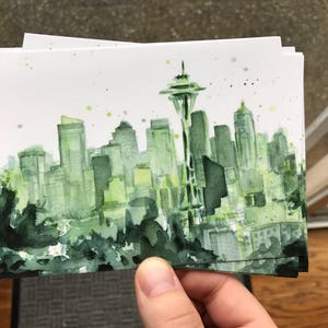 Seattle Ansichtkaarten Seattle Skyline Kaarten Seattle Aquarel Kaarten Ruimte Naald Schilderen PNW Kunst Ansichtkaarten Set - Kies Hoeveelheid