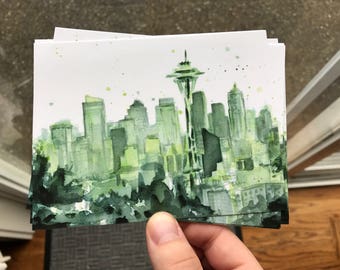 Seattle Postcards Seattle Skyline Cards Seattle Watercolor Cards Space Needle Painting PNW Art Postcards Set - Choose Amount