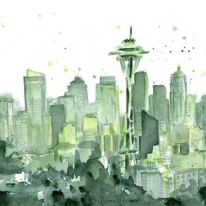 May include: A watercolor painting of the Seattle skyline, featuring the Space Needle and other buildings in shades of green and white. The painting has a light, airy feel, with a few splatters of paint adding a touch of whimsy.