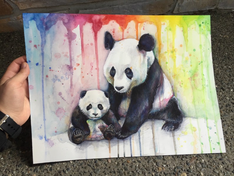 Panda Watercolor Panda Wall Art Panda Painting Rainbow Etsy