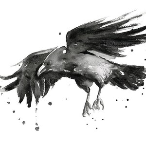 May include: Black and white watercolor painting of a crow in flight. The crow is depicted with its wings spread wide and its talons extended. The background is a white canvas with black ink splatters.