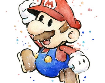 Mario Art, Mario Fan Art, Mario Portrait Watercolor Art Print, Mario Print, Mario Watercolor, Geek Art, Videogame Painting