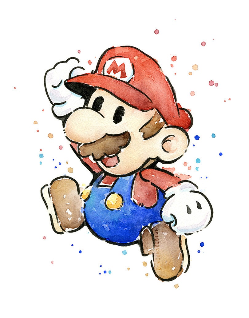 マリオの水彩画アートプリント、ビデオゲームオタク向けインテリア