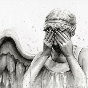 Weeping Angel Art, Angel Print, Doctor Who Art Print, Doctor Who Wall Art, Don't Blink Sci-Fi Decor, Scary Angel Painting, Crying Angel image 1