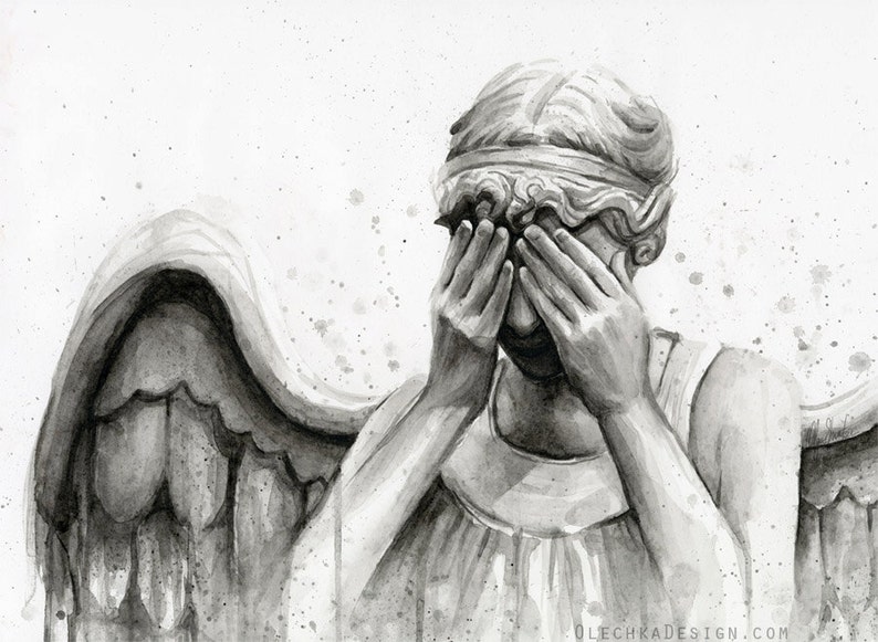 Weeping Angel Art, Angel Print, Doctor Who Art Print, Doctor Who Wall Art, Don't Blink Sci-Fi Decor, Scary Angel Painting, Crying Angel image 1