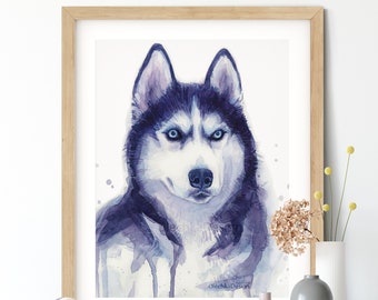 ハスキー犬の水彩画プリント、犬の肖像画 - Etsy 日本