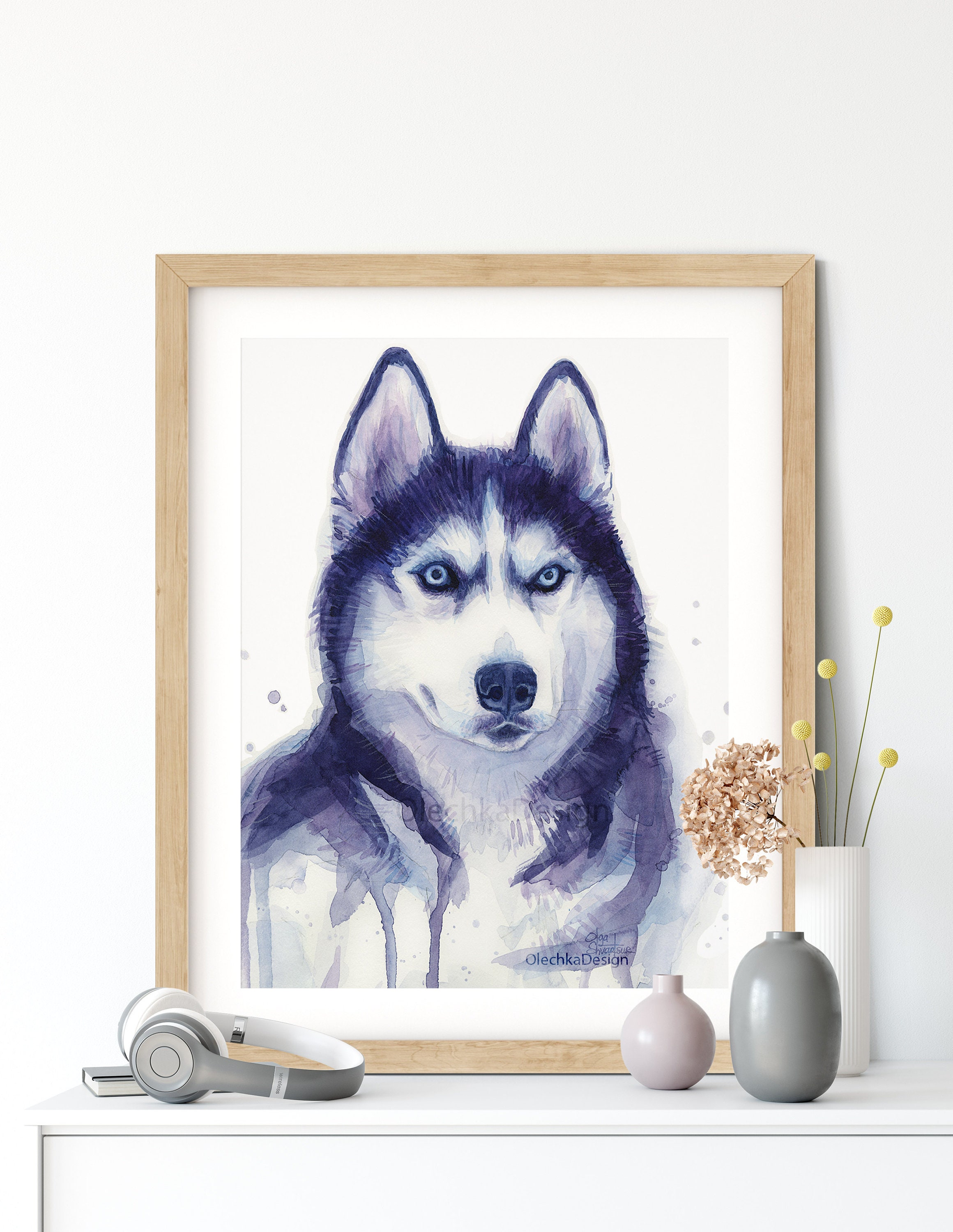 真作保証　ハスキー犬の肖像画 油絵 F8 Valenzuela ハスキー犬の水彩画プリント、犬の肖像画 - Etsy 日本