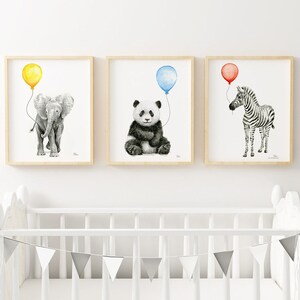 May include: Three framed black and white illustrations of animals with balloons. The first illustration shows an elephant with a yellow balloon. The second illustration shows a panda with a blue balloon. The third illustration shows a zebra with a red balloon.