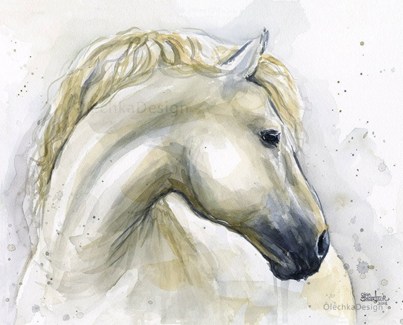 May include: Watercolour painting of a white horse with a flowing mane. The horse's head is turned to the side, and its eyes are closed. The background is a light grey with subtle watercolour splatters.