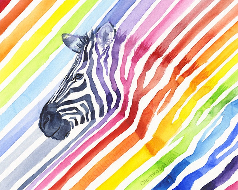 Rainbow Zebra Watercolor Art Print, Colorful Animal Nursery image 2
