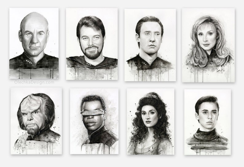 May include: Black and white watercolour illustrations of eight Star Trek characters. The characters are depicted in a realistic style with detailed facial features and expressions. The illustrations are set against a white background with subtle watercolour washes.