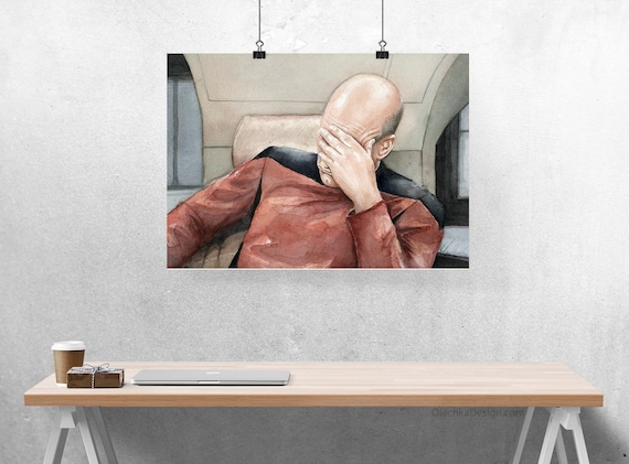 Picard Facepalm Watercolor Art Print, Funny Sci-fi Meme