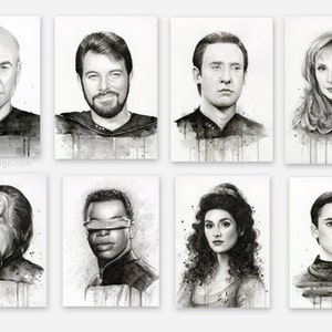 May include: Black and white watercolor illustrations of eight Star Trek characters. The characters are depicted in a realistic style with detailed facial features and expressions. The illustrations are set against a white background with subtle watercolor washes.