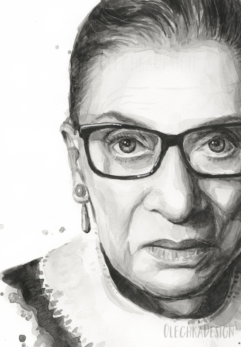 May include: Black and white watercolor portrait of Ruth Bader Ginsburg, a prominent Supreme Court Justice, wearing glasses and a collared shirt. The portrait is painted in a realistic style and captures her serious expression.