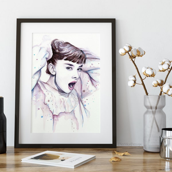 Audrey Hepburn Watercolor Painting, Audrey Watercolor, Audrey Hepburn Wall Art, Audrey Hepburn Decor, Audrey Hepburn Wall Decor, Film Art