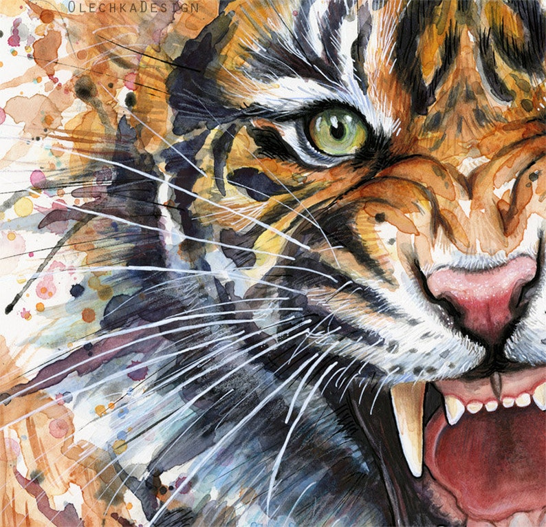 Roaring Tiger Watercolor Painting, Jungle Animal Art Giclee Print image 2