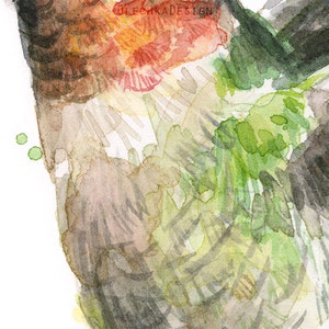 May include: Watercolor painting of a hummingbird in flight. The bird's wings are spread wide, showing the intricate details of its feathers. The painting is done in shades of green, brown, and red.