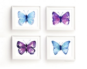 Vlindermuur kunst, Vlinder kunst print, vlinder print set, aquarel vlinders, blauwe vlinders, paarse vlinders, kinderdagverblijf muur kunst