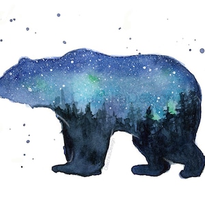 May include: Watercolor painting of a bear silhouette with a starry night sky and forest inside. The bear is facing left and the sky is a deep blue with green and white accents.