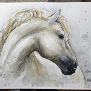 Peinture d'aquarelle de cheval blanc, oeuvre originale, art animal d'aquarelle, peinture de cheval, portrait de cheval, illustration de cheval, 9x12 image 2