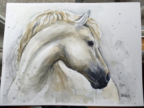 白い馬の水彩画、オリジナルアートワーク、水彩動物アート、馬の