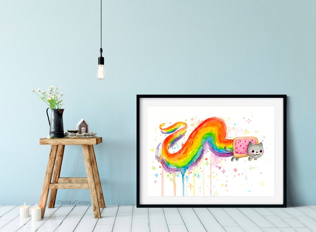 Rainbow Cat Meme Watercolor Art Print - Etsy