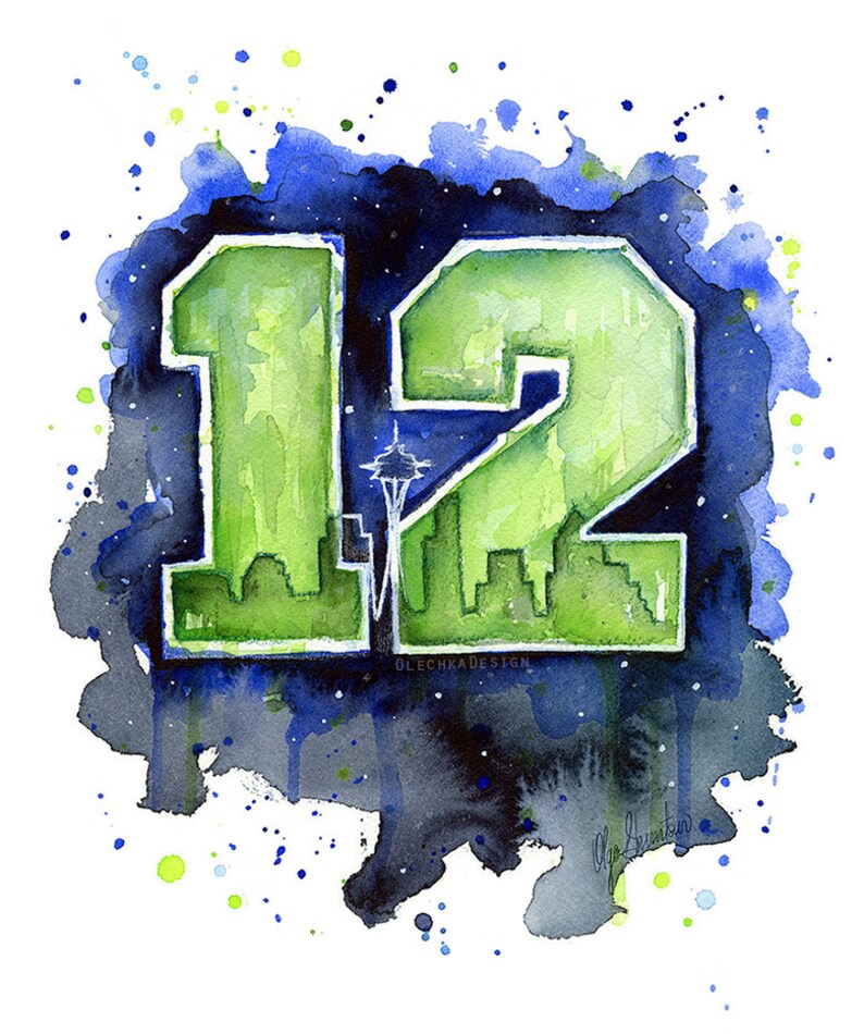 May include: Watercolor painting of the number "12" in green, with a cityscape silhouette and the Space Needle. The background features blue and black watercolor splashes. The artist's signature and "OLECHKADESIGN" are visible.