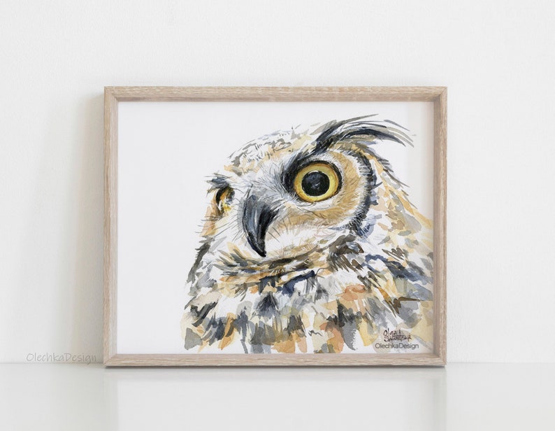Owl Print Wall Decor Painting Great Horned Watercolor Art Forest Creatures Portrait