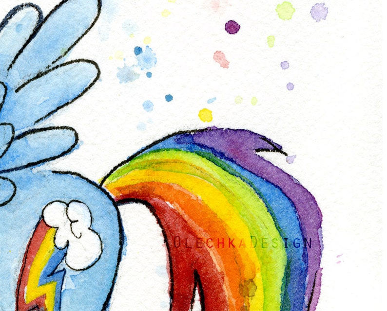 May include: Watercolor painting of a blue and rainbow unicorn with a white cloud and lightning bolt on its flank. The unicorn has a rainbow mane and tail. The background is white with watercolor splatters.