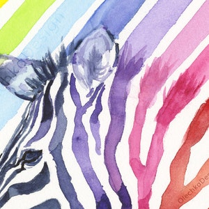 May include: Watercolor painting of a zebra's face with a rainbow background. The zebra's stripes are black and white, and the rainbow is made up of yellow, green, blue, purple, pink, red, and orange.