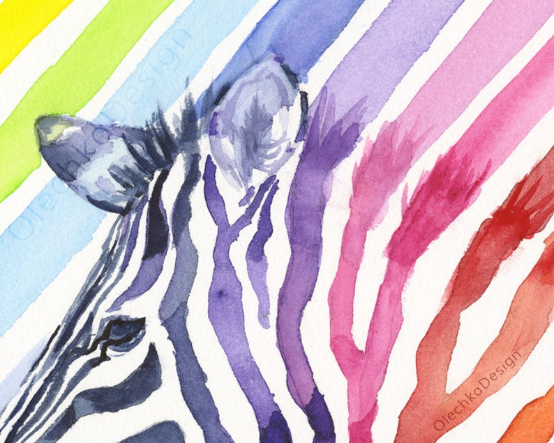 May include: Watercolor painting of a zebra's face with a rainbow background. The zebra's stripes are black and white, and the rainbow is made up of yellow, green, blue, purple, pink, red, and orange.