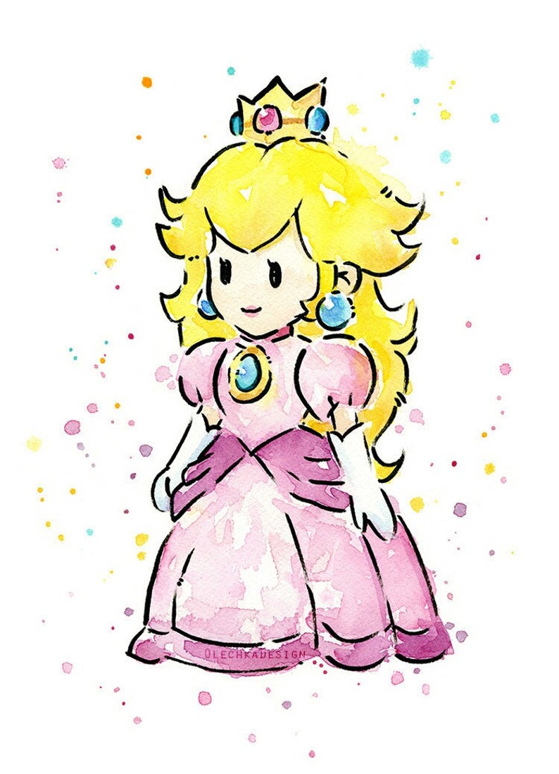 Princess Peach, Watercolor Painting, Princess Peach Art Print, Mario Print, Mario Painting, Princess Peach Painting, Mario Game image 1