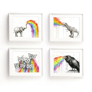 May include: Four framed watercolor paintings of animals blowing rainbows. The animals are an elephant, a dinosaur, a group of kittens, and a raven. The paintings are all in black and white except for the rainbows, which are in a variety of colors.