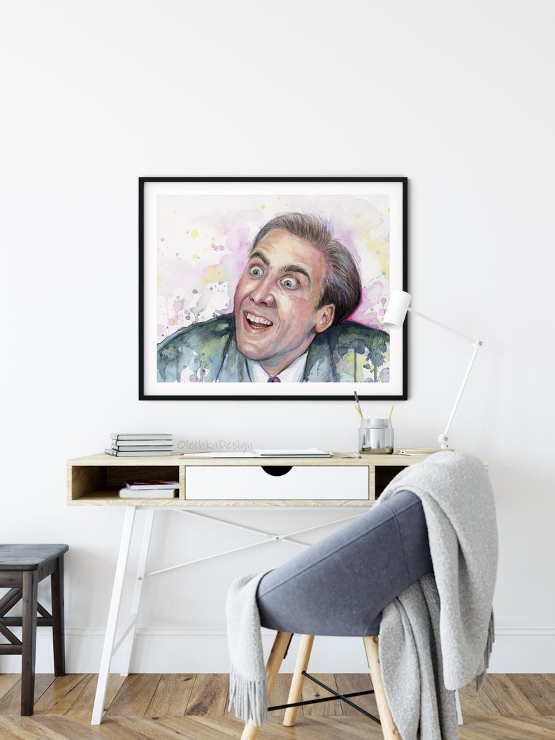 May include: Watercolor painting of a man with a surprised expression. The man has brown hair and is wearing a green jacket. The background is a pink and yellow watercolor wash.