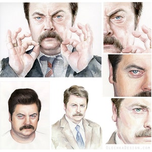 May include: Watercolor painting of a man with a mustache. The man is depicted in multiple poses, including one where he is holding his mustache with his fingers. The painting is done in a realistic style and features a variety of shades of blue, brown, and gray.