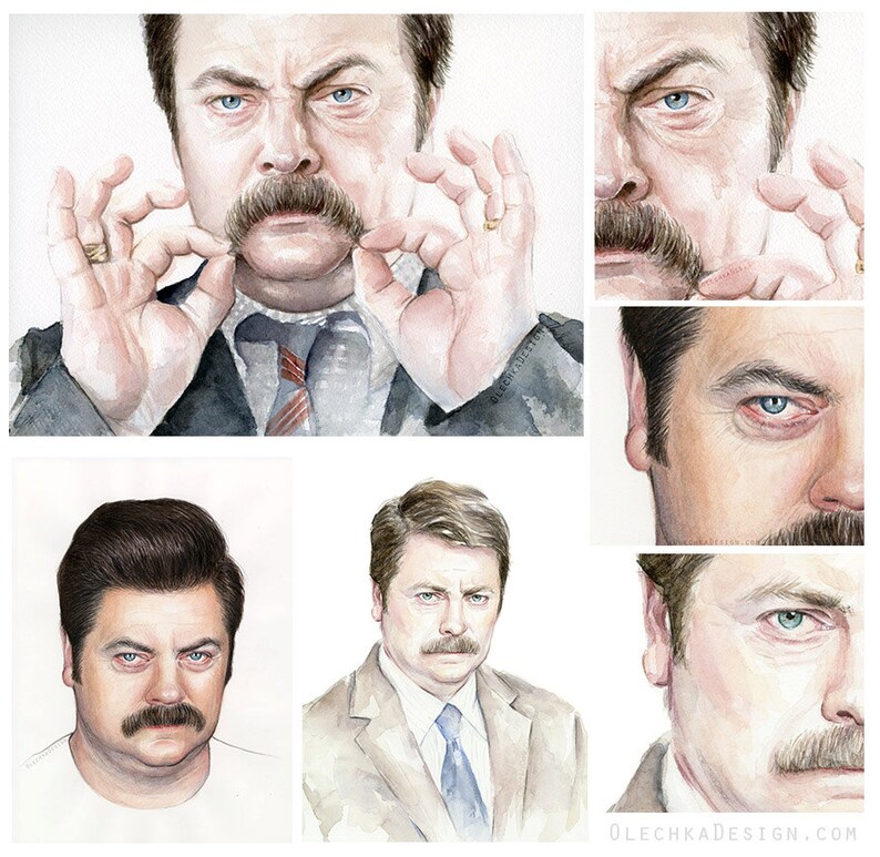 May include: Watercolor painting of a man with a mustache. The man is depicted in multiple poses, including one where he is holding his mustache with his fingers. The painting is done in a realistic style and features a variety of shades of blue, brown, and gray.