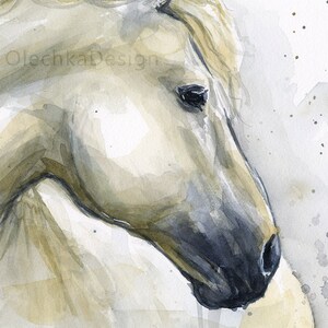 May include: Watercolour painting of a white horse's head with a soft, muted colour palette. The horse's head is turned to the side, and its eye is visible. The background is a light grey with subtle speckles.