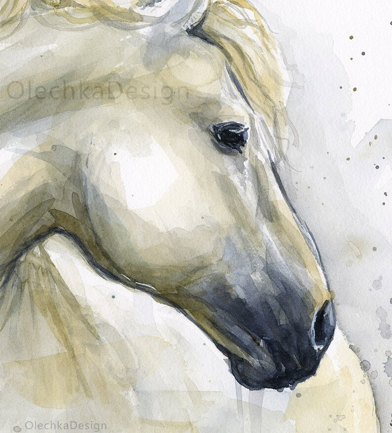 May include: Watercolour painting of a white horse's head with a soft, muted colour palette. The horse's head is turned to the side, and its eye is visible. The background is a light grey with subtle speckles.