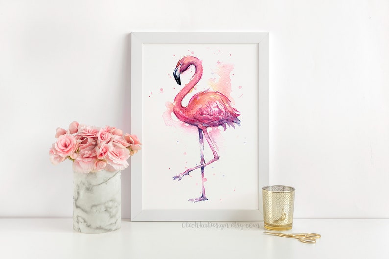 Pink Flamingo Watercolor Painting, Flamingo Art Print, Pink Bird Watercolor Animal Wall Art Home Decor Tropical Pink Flamingo image 1