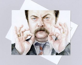 Ron Swanson Card Postcard, Parks and Rec funny card, watercolor painting, Parks and Rec Art, Ron Swanson Portrait Mustache