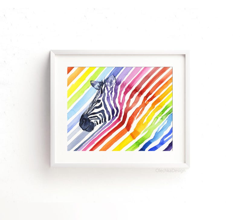 May include: Watercolor painting of a zebra's head with black and white stripes, set against a background of colorful rainbow stripes.