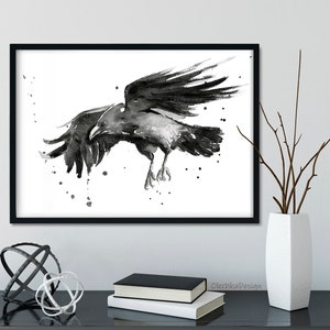 Raven Wall Art, Raven Painting, Raven Art, Raven Print, Raven Gift, Watercolor Raven, Black Bird, Raven Illustration, Flying Raven, Giclee