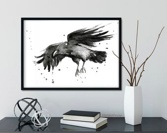 Flying Raven Watercolor Art Print, Black Bird Giclee